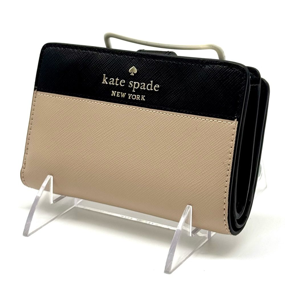 Kate Spade Leila Medium Pebbled Leather Compact Bifold Wallet Tan/Black - Picture 2 of 9